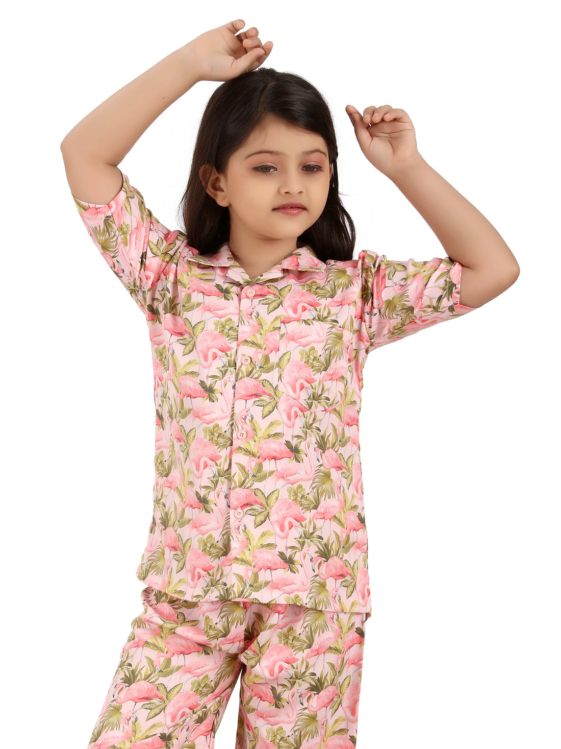 B&amp;B Feather Soft Cotton Printed Half Sleeve Kids Nightwear Night Suit Shirt and Pyjama Combo Set - Pink Flamingo