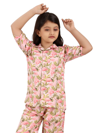 B&amp;B Feather Soft Cotton Printed Half Sleeve Kids Nightwear Night Suit Shirt and Pyjama Combo Set - Pink Flamingo