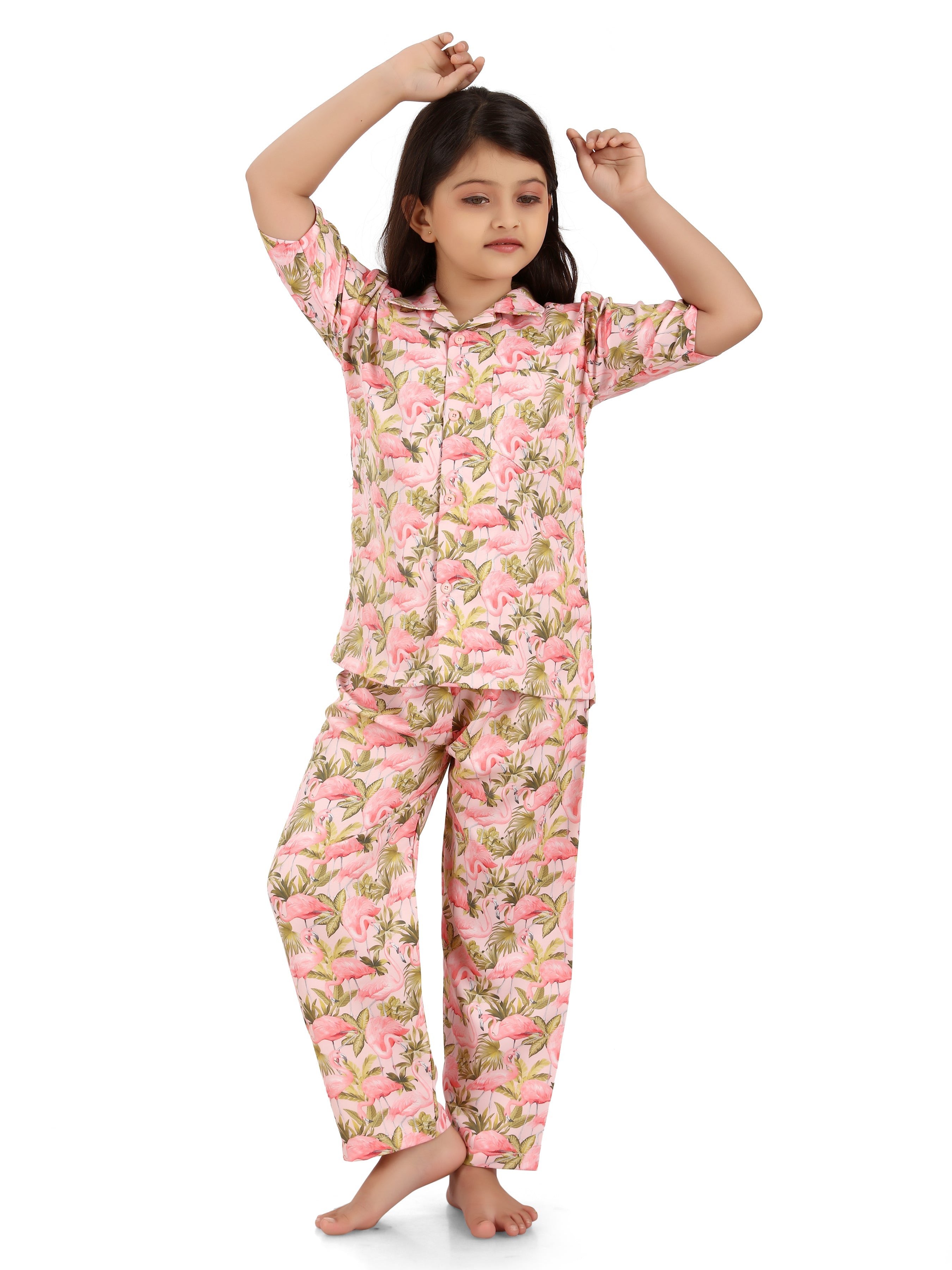 B&amp;B Feather Soft Cotton Printed Half Sleeve Kids Nightwear Night Suit Shirt and Pyjama Combo Set - Pink Flamingo