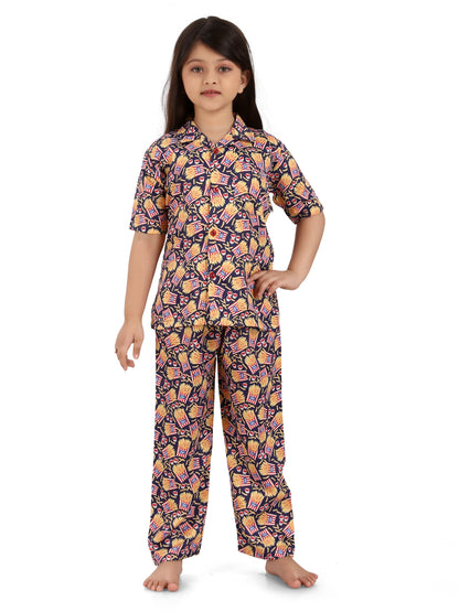 B&amp;B Feather Soft Cotton Printed Half Sleeve Kids Nightwear Night Suit Shirt and Pyjama Combo Set - French Fries