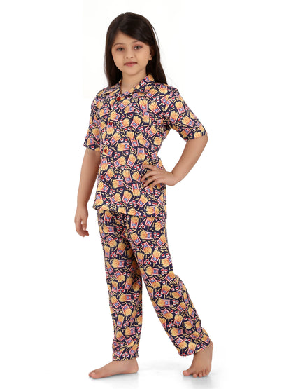 B&amp;B Feather Soft Cotton Printed Half Sleeve Kids Nightwear Night Suit Shirt and Pyjama Combo Set - French Fries