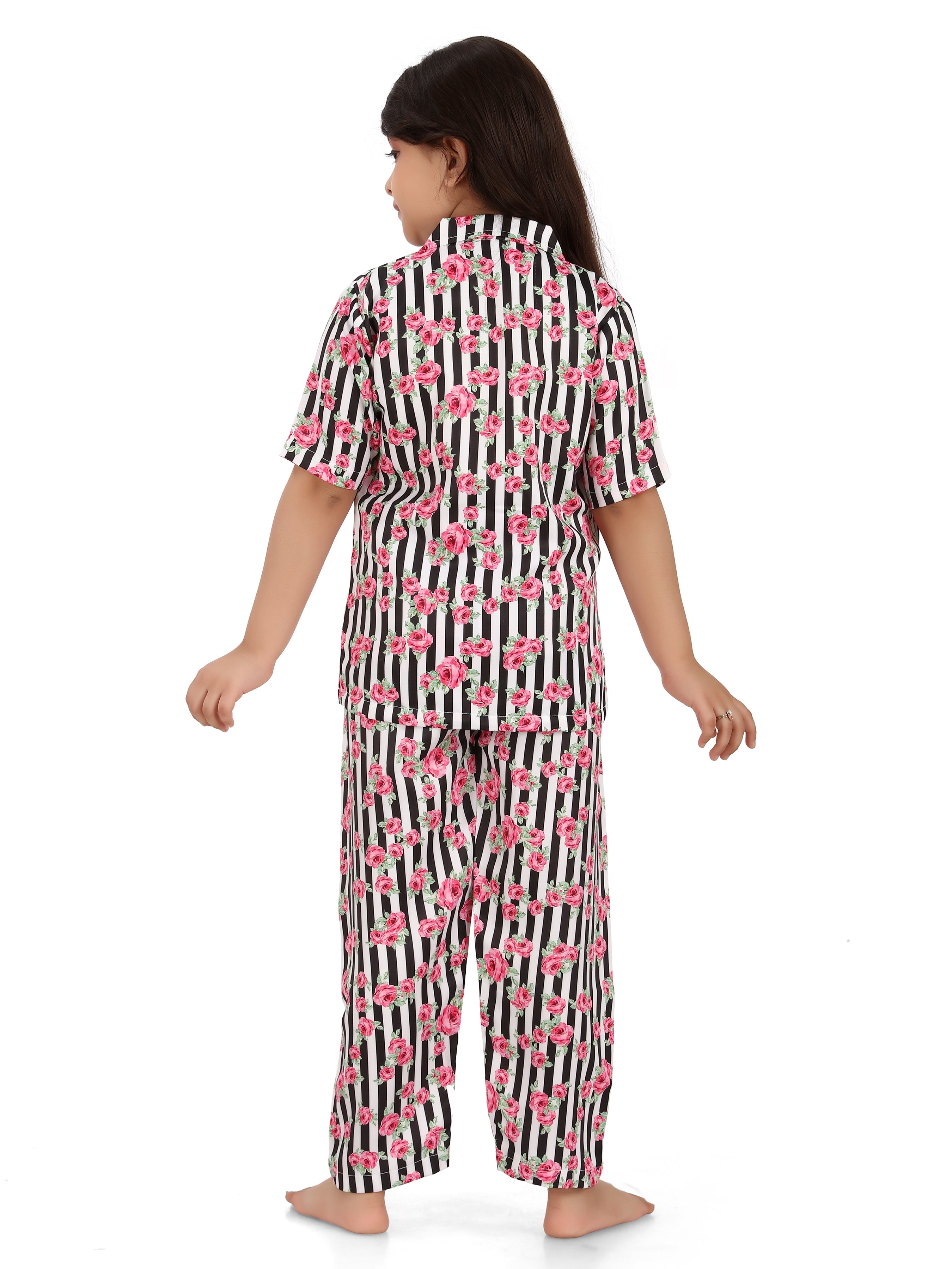 B&amp;B Feather Soft Cotton Printed Half Sleeve Kids Nightwear Night Suit Shirt and Pyjama Combo Set - Pink Striped Floral