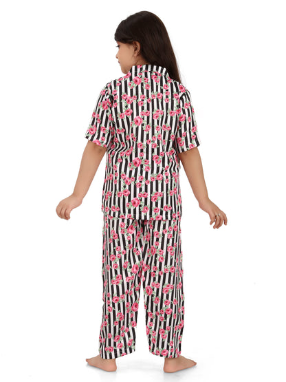 B&amp;B Feather Soft Cotton Printed Half Sleeve Kids Nightwear Night Suit Shirt and Pyjama Combo Set - Pink Striped Floral