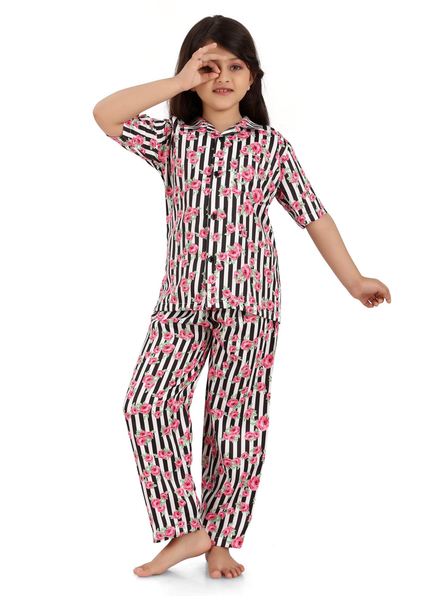 B&amp;B Feather Soft Cotton Printed Half Sleeve Kids Nightwear Night Suit Shirt and Pyjama Combo Set - Pink Striped Floral