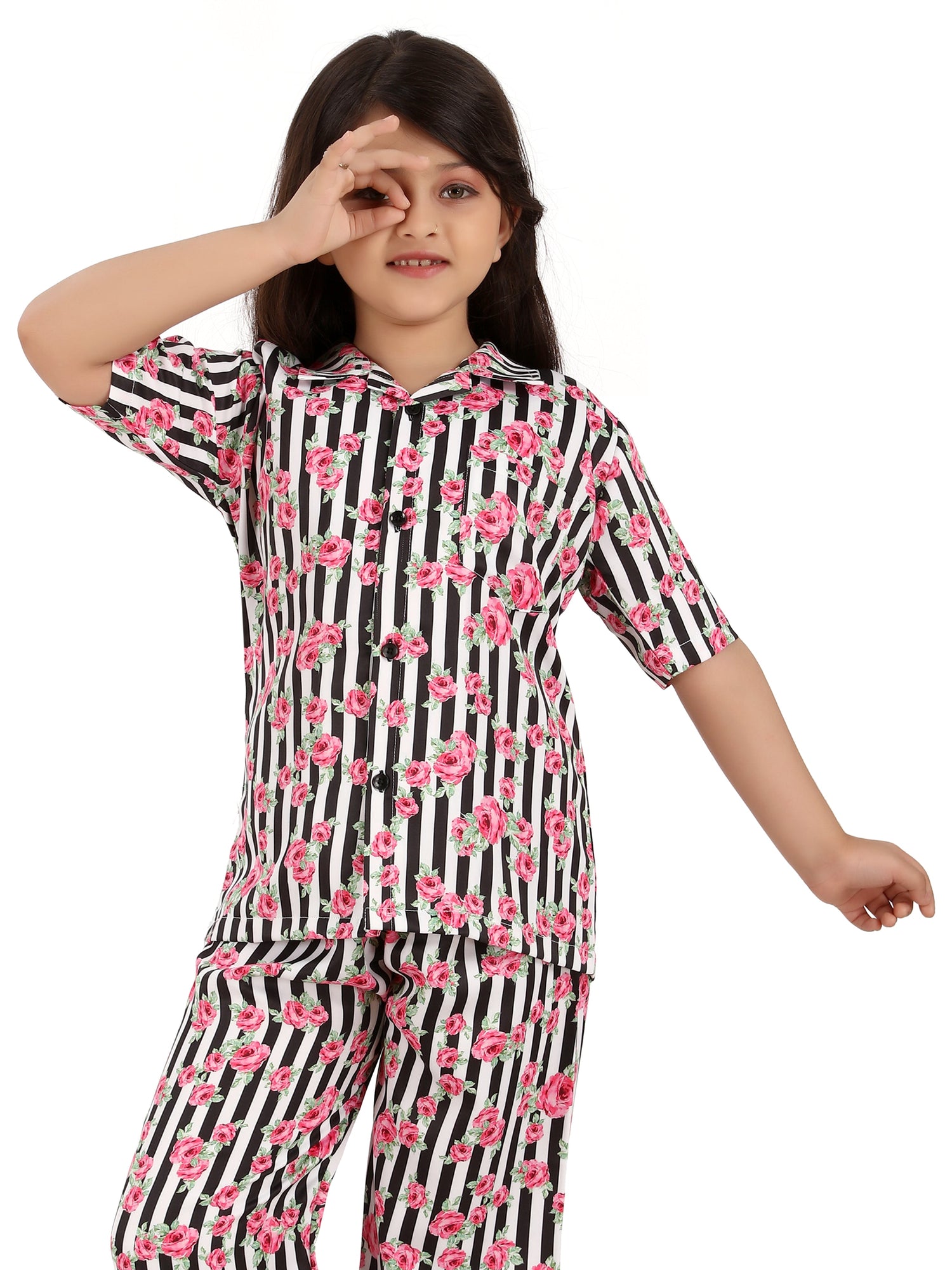 B&amp;B Feather Soft Cotton Printed Half Sleeve Kids Nightwear Night Suit Shirt and Pyjama Combo Set - Pink Striped Floral