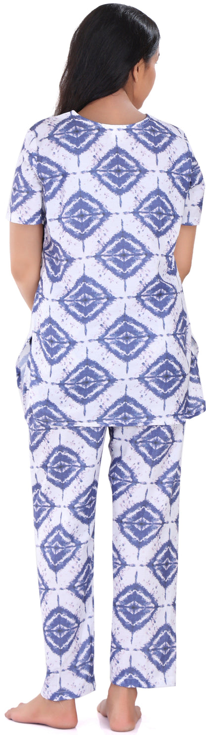 B&amp;B Cambric Cotton Printed Pajama Set for Women Half Sleeve Night Suit Top and Full Pyjama - Blue Ikat