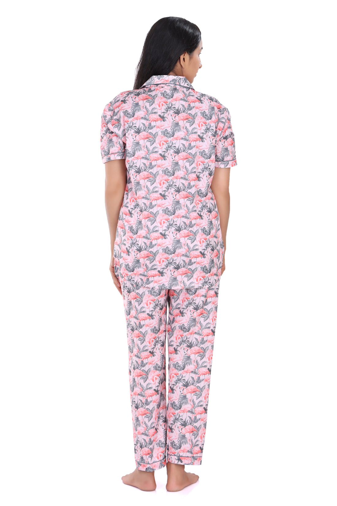 B&amp;B Cambric Cotton Printed Pajama Set for Women Half Sleeve Night Suit Top and Full Pyjama - Scarlet Flamingoes