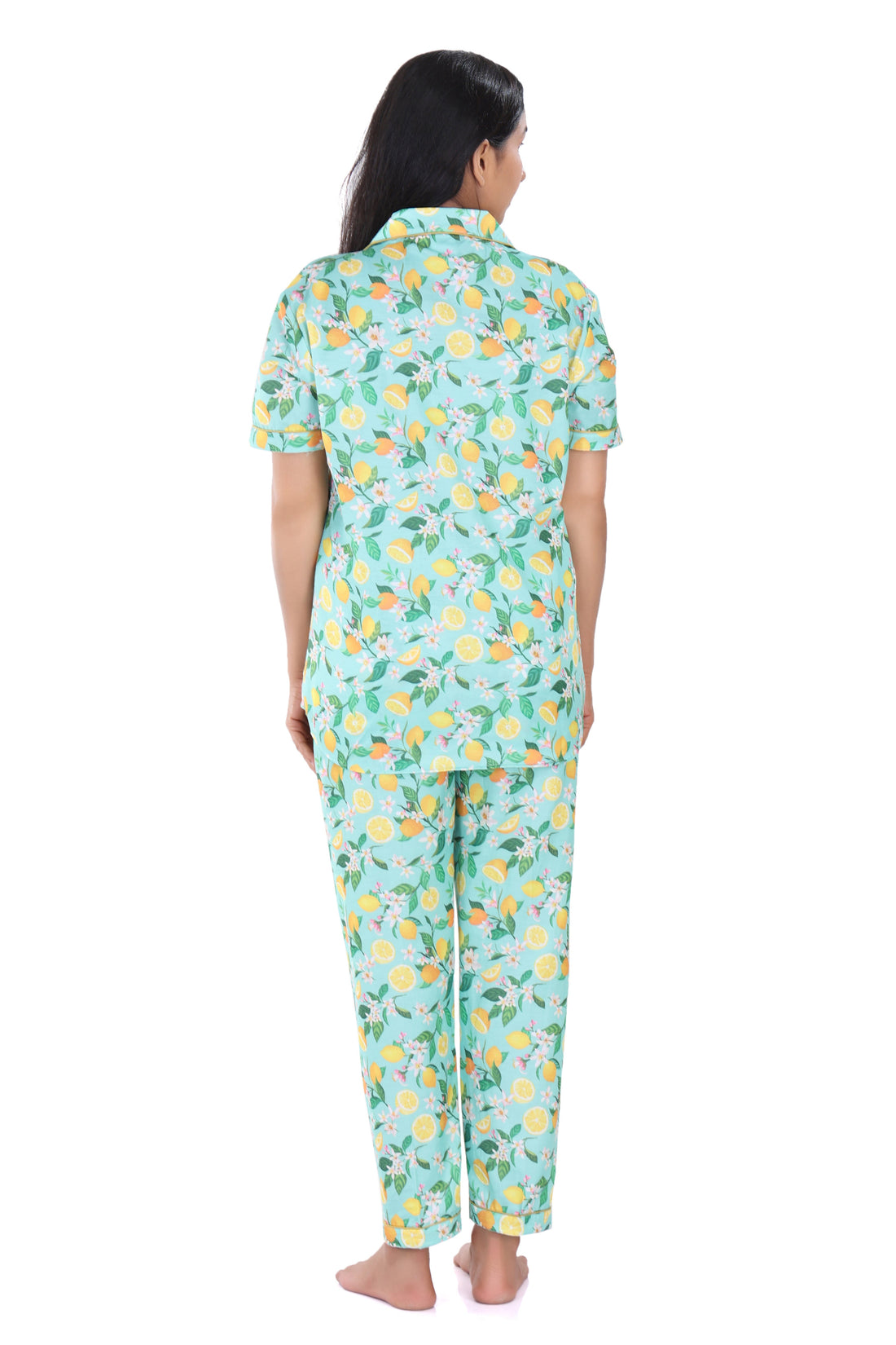 B&amp;B Cambric Cotton Printed Pajama Set for Women Half Sleeve Night Suit Top and Full Pyjama - Tangy Lemon