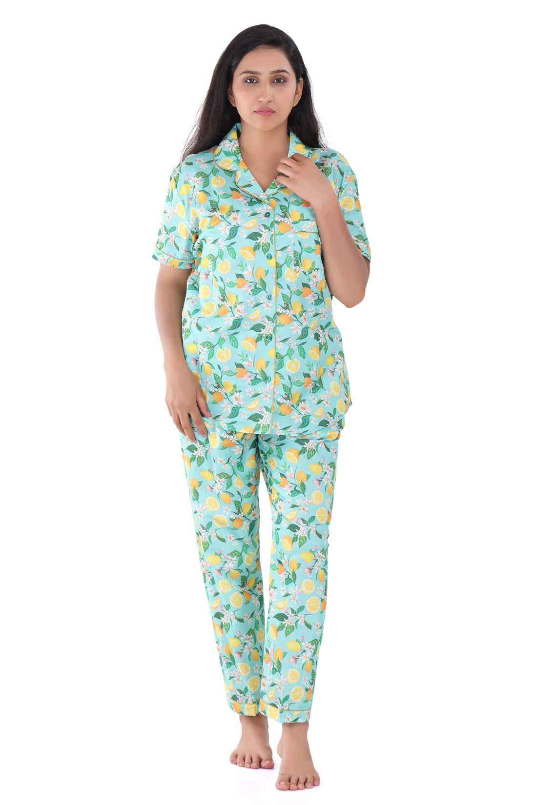 B&amp;B Cambric Cotton Printed Pajama Set for Women Half Sleeve Night Suit Top and Short - Tangy Lemon