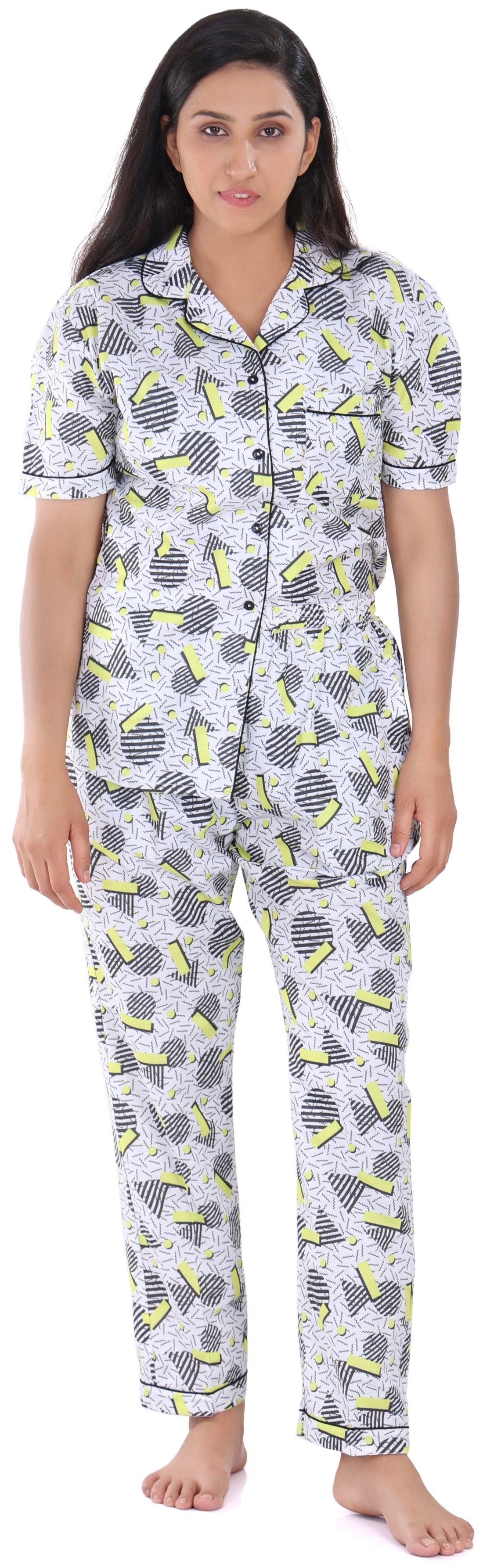 B&B Cambric Cotton Printed Pajama Set for Women Half Sleeve Night Suit Top and Full Pyjama - Geometric White