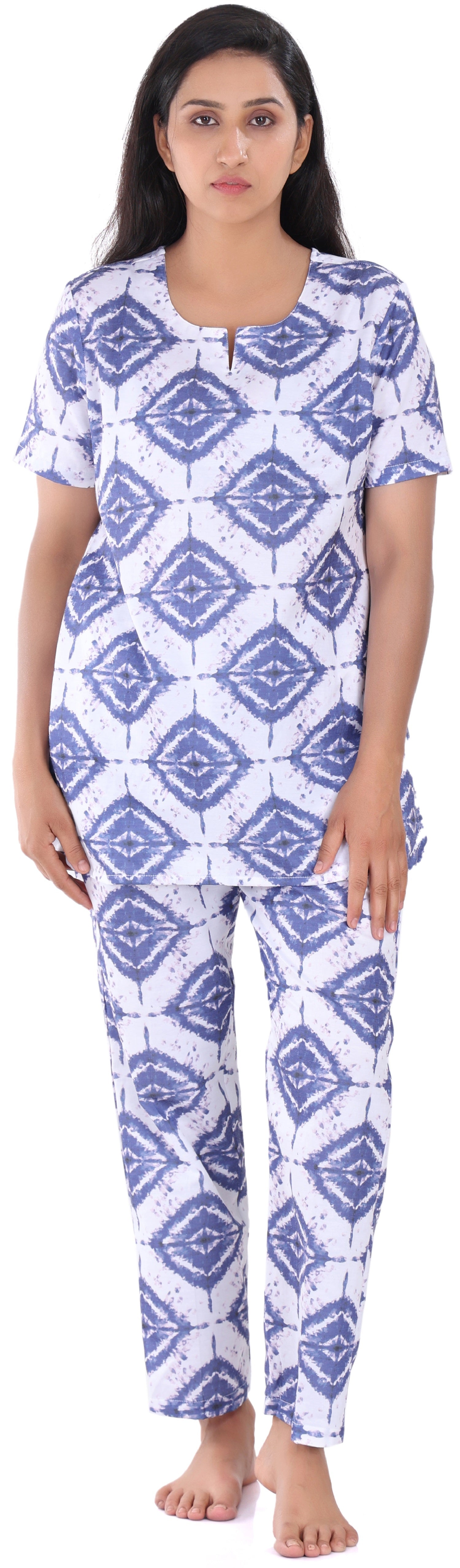 B&amp;B Cambric Cotton Printed Pajama Set for Women Half Sleeve Night Suit Top and Full Pyjama - Blue Ikat