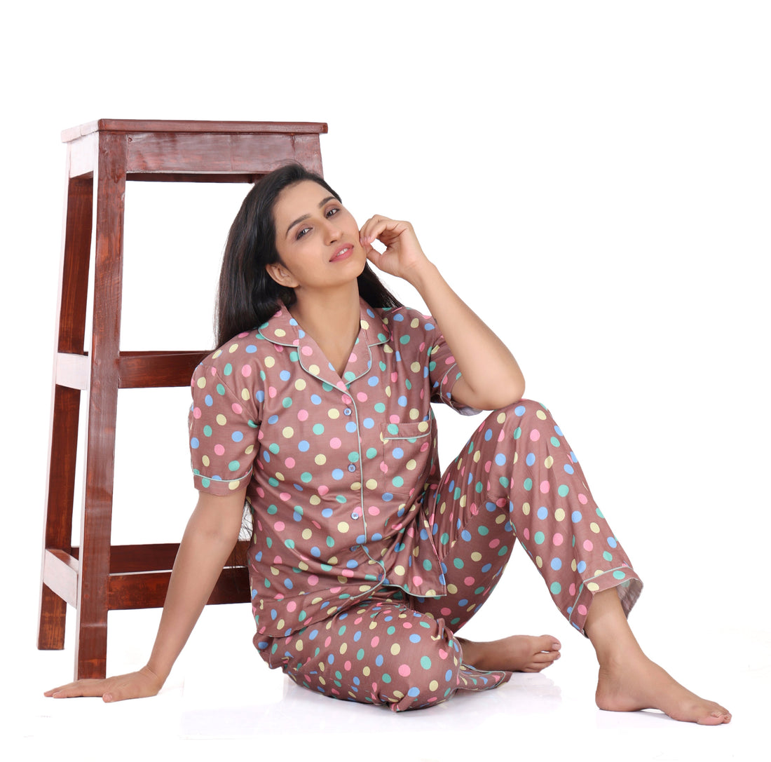 B&amp;B Cambric Cotton Printed Pajama Set for Women Half Sleeve Night Suit Top and Full Pyjama - Polka Dots