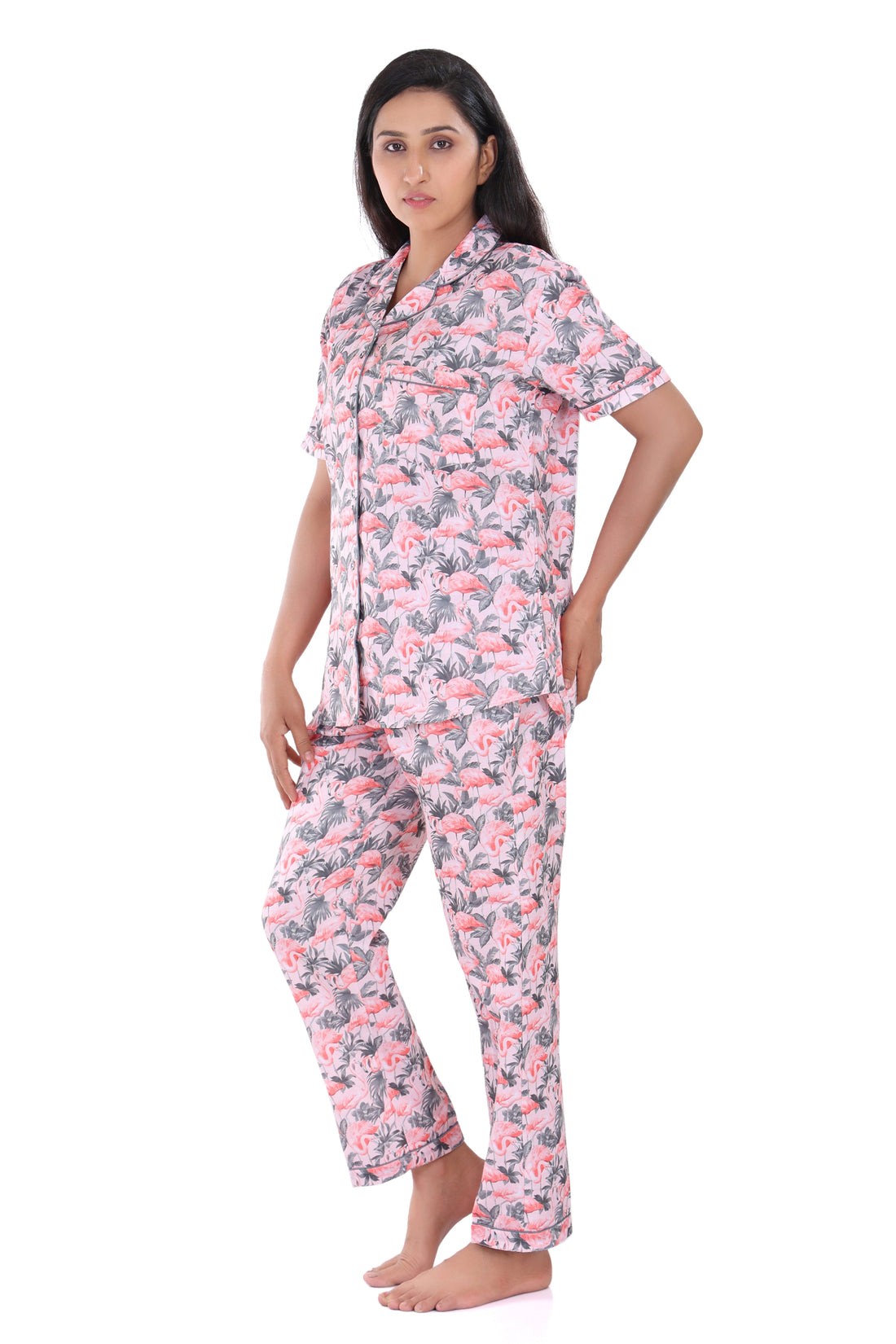 B&amp;B Cambric Cotton Printed Pajama Set for Women Half Sleeve Night Suit Top and Full Pyjama - Scarlet Flamingoes