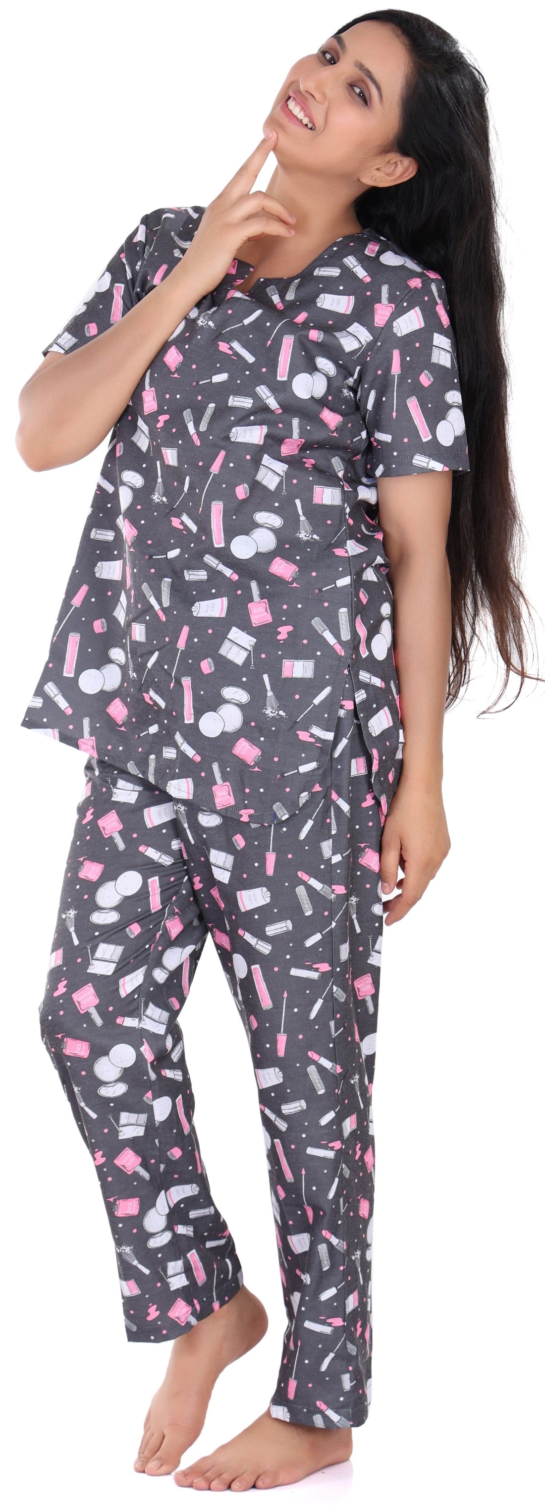 B&B Cambric Cotton Printed Pajama Set for Women Half Sleeve Night Suit Top and Full Pyjama - Makeup Grey