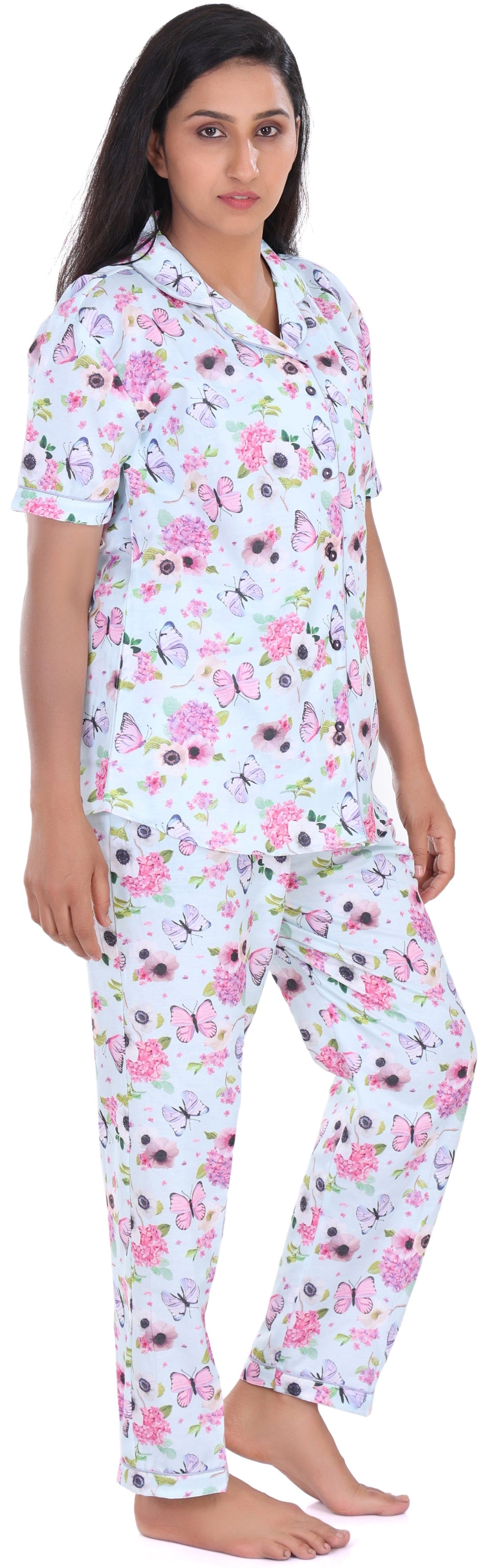 B&B Cambric Cotton Printed Pajama Set for Women Half Sleeve Night Suit Top and Full Pyjama - Blue Butterfly