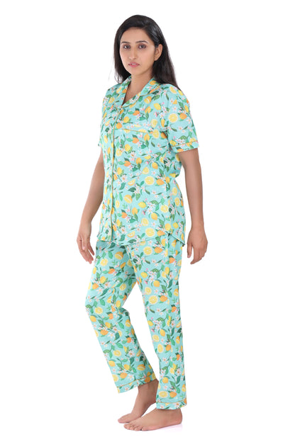 B&amp;B Cambric Cotton Printed Pajama Set for Women Half Sleeve Night Suit Top and Full Pyjama - Tangy Lemon